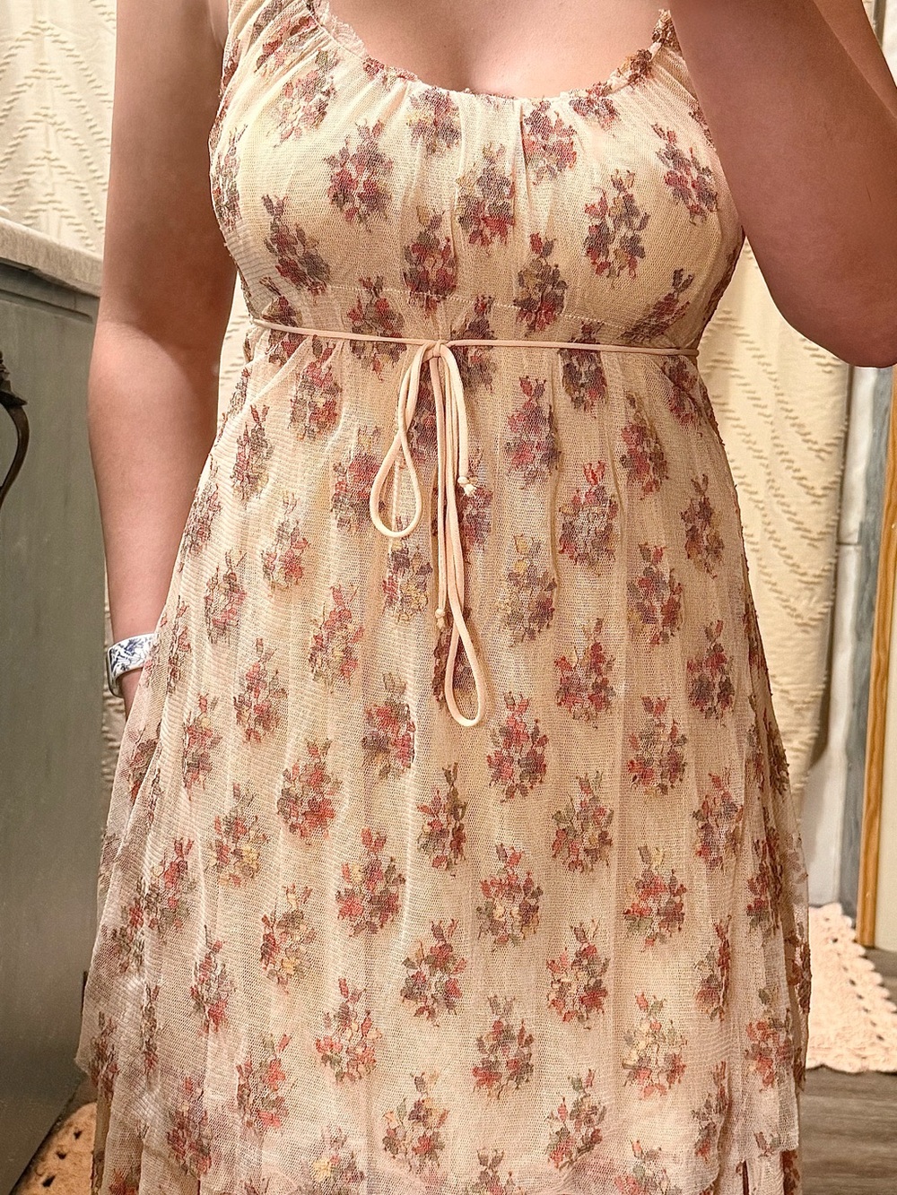 Free People Cream Floral Tie-Waist Mini Dressing